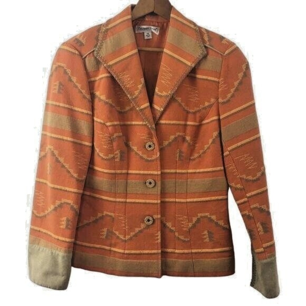 Coldwater‎ Creek Southwestern Blanket Print Blazer Jacket 8 Petite Orange Cotton